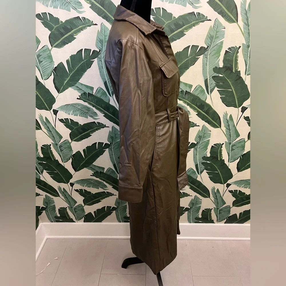 Marissa Webb RTR Green Faux Leather Dress Long Sleeve Trench Belted Womens 4 - Picture 9 of 10